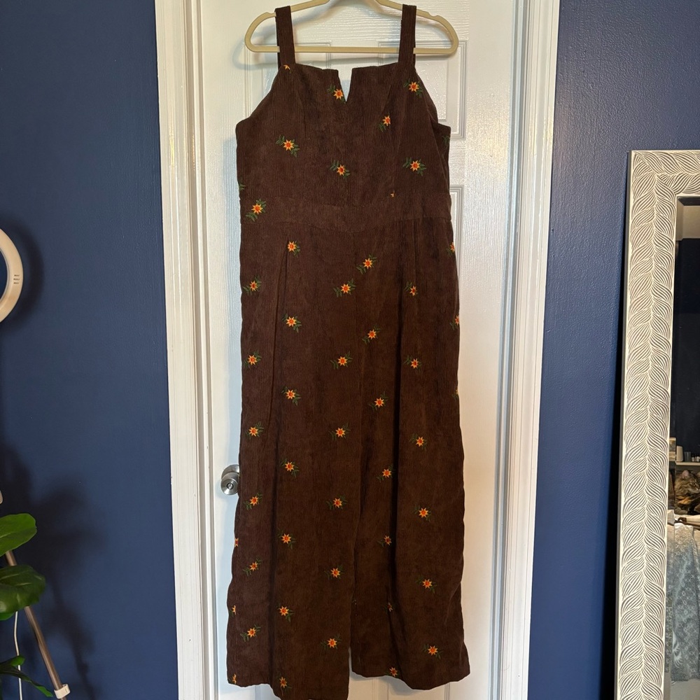 Cider Brown Corduroy Overalls with Orange Floral Embroidery - Picture 2 of 6